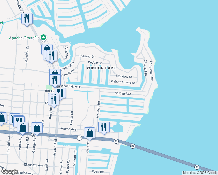 map of restaurants, bars, coffee shops, grocery stores, and more near 624 Baron Street in Toms River