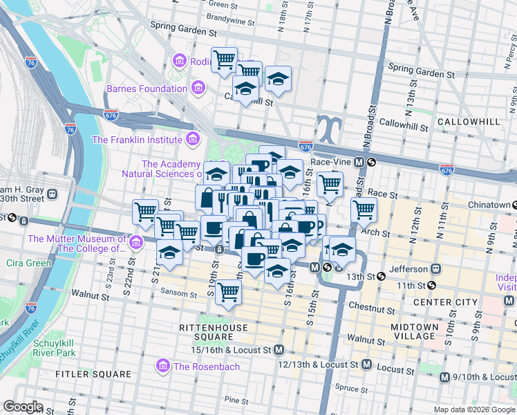 map of restaurants, bars, coffee shops, grocery stores, and more near 1717 Arch Street in Philadelphia