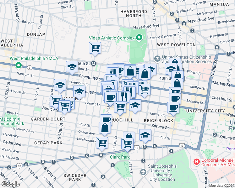 map of restaurants, bars, coffee shops, grocery stores, and more near 4413 Walnut Street in Philadelphia