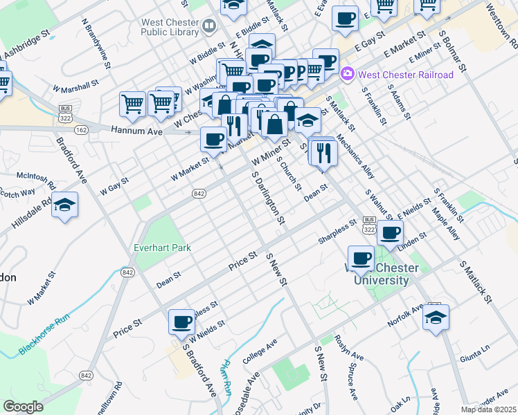 map of restaurants, bars, coffee shops, grocery stores, and more near 218 West Union Street in West Chester