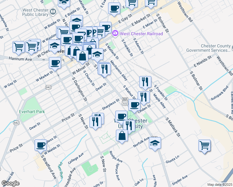 map of restaurants, bars, coffee shops, grocery stores, and more near 508 U.S. 322 Business in West Chester