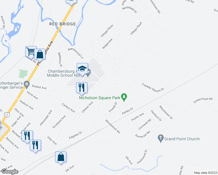 map of restaurants, bars, coffee shops, grocery stores, and more near 1980 Clinton Avenue in Chambersburg