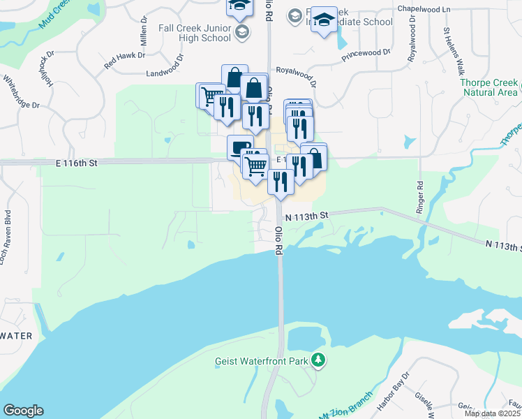 map of restaurants, bars, coffee shops, grocery stores, and more near 11369 Easterly Boulevard in Fishers