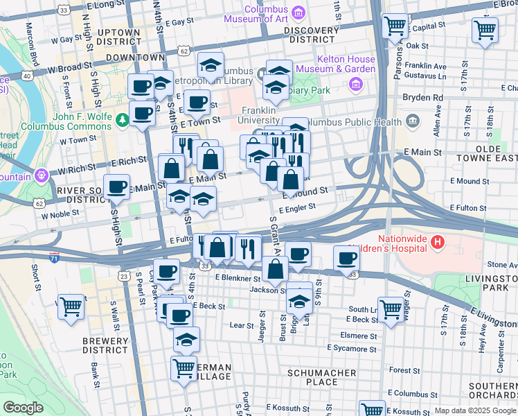 map of restaurants, bars, coffee shops, grocery stores, and more near 397 South Grant Avenue in Columbus