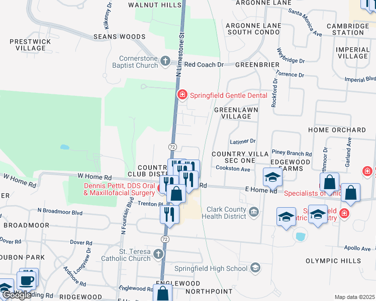 map of restaurants, bars, coffee shops, grocery stores, and more near 2340 North Limestone Street in Springfield