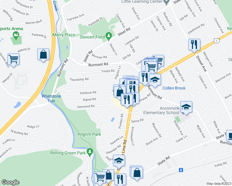 map of restaurants, bars, coffee shops, grocery stores, and more near 401 Pilgrim Lane in Drexel Hill