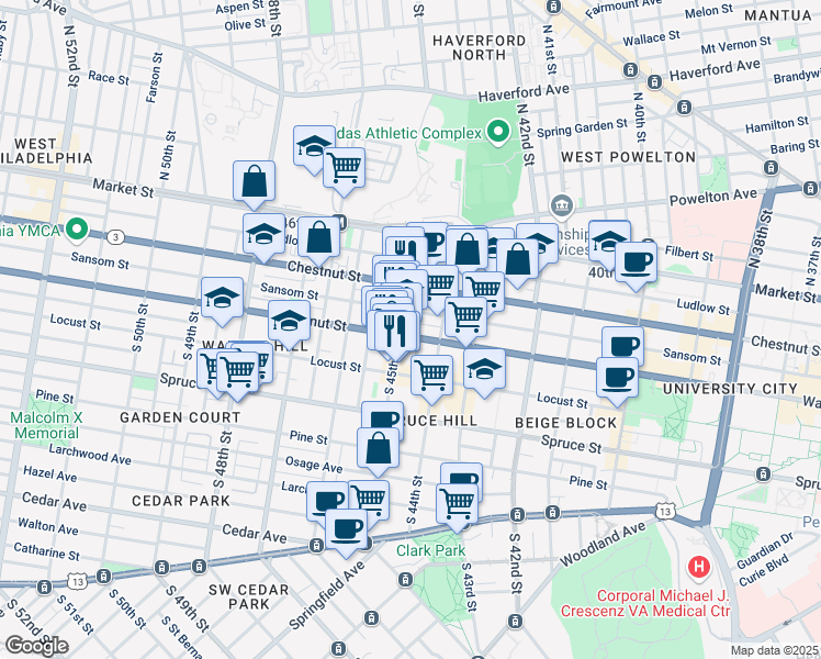 map of restaurants, bars, coffee shops, grocery stores, and more near 4425 Walnut Street in Philadelphia