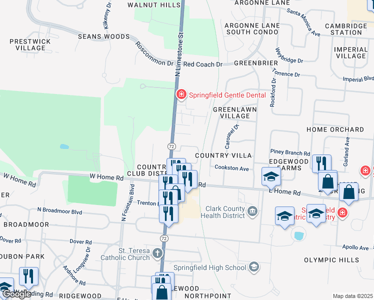 map of restaurants, bars, coffee shops, grocery stores, and more near 2340 North Limestone Street in Springfield