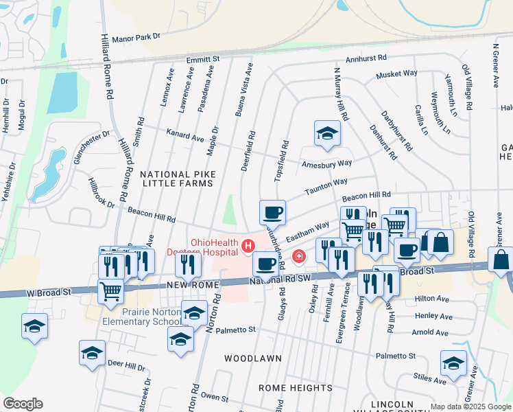 map of restaurants, bars, coffee shops, grocery stores, and more near 169 Sturbridge Road in Columbus