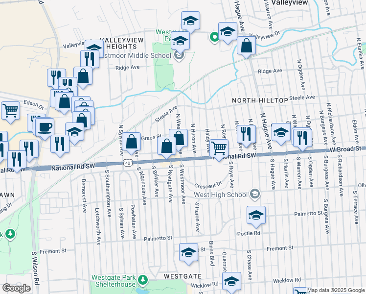 map of restaurants, bars, coffee shops, grocery stores, and more near 34 North Westmoor Avenue in Columbus