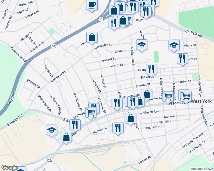 map of restaurants, bars, coffee shops, grocery stores, and more near 2014 Filbert Street in York