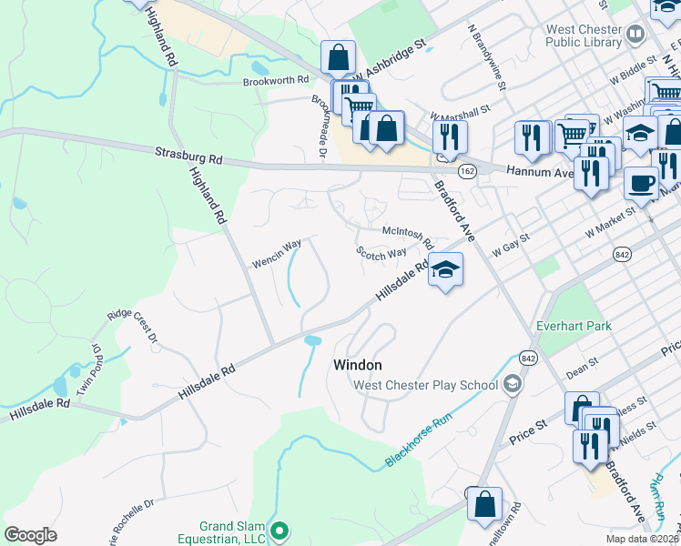 map of restaurants, bars, coffee shops, grocery stores, and more near 213 Wencin Way in West Chester