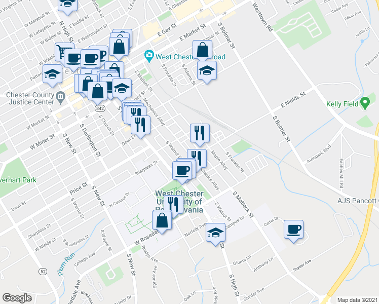 map of restaurants, bars, coffee shops, grocery stores, and more near 508 Keystone Alley in West Chester