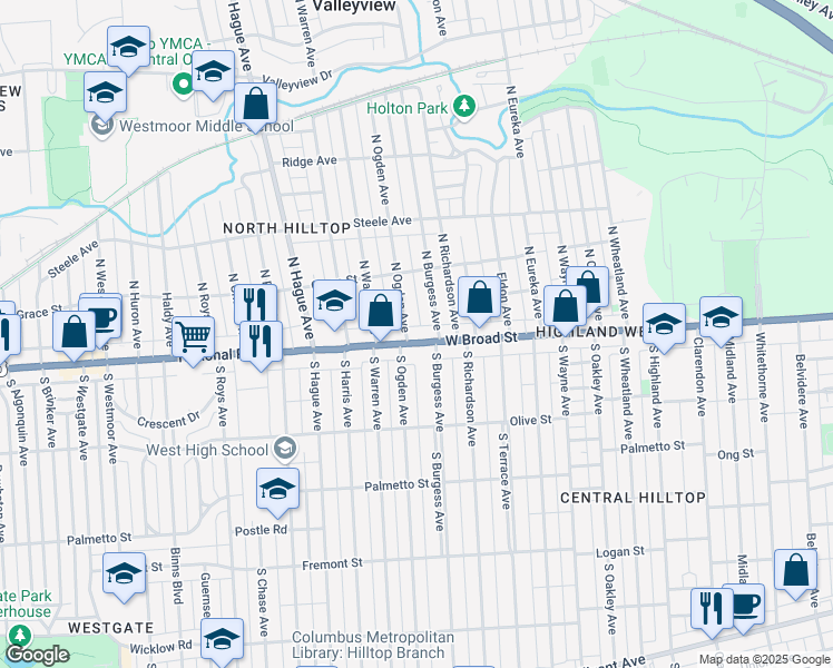 map of restaurants, bars, coffee shops, grocery stores, and more near 2608 W Broad St in Columbus