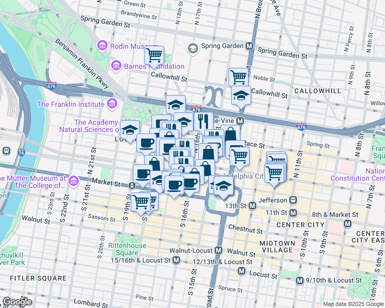 map of restaurants, bars, coffee shops, grocery stores, and more near 110 North 16th Street in Philadelphia