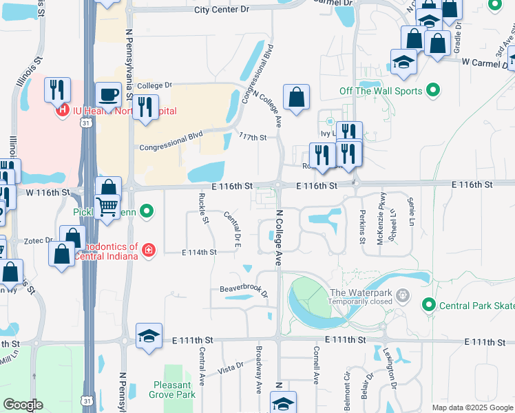 map of restaurants, bars, coffee shops, grocery stores, and more near 11411 Central Court in Carmel