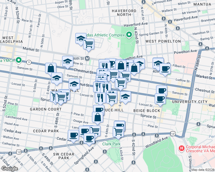 map of restaurants, bars, coffee shops, grocery stores, and more near in Philadelphia