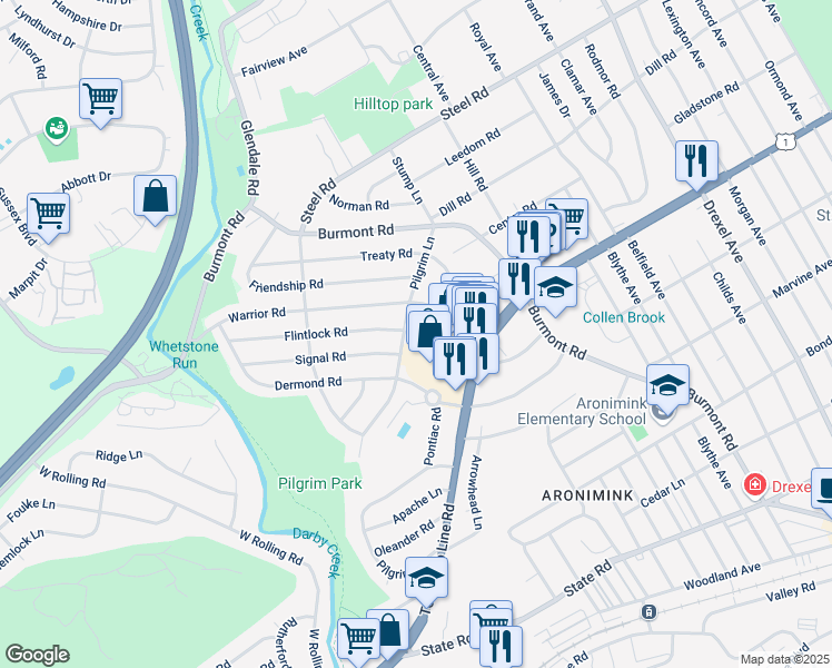 map of restaurants, bars, coffee shops, grocery stores, and more near 401 Pilgrim Lane in Drexel Hill
