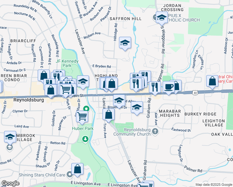 map of restaurants, bars, coffee shops, grocery stores, and more near 7418 U.S. 40 in Reynoldsburg