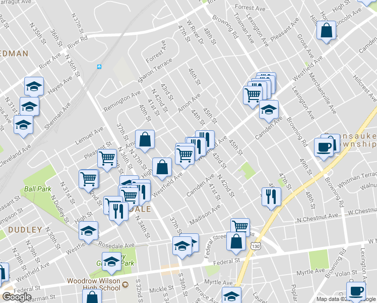 map of restaurants, bars, coffee shops, grocery stores, and more near 320 North 41st Street in Pennsauken Township