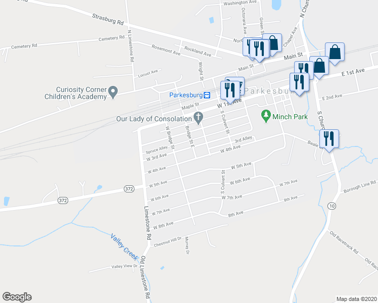 map of restaurants, bars, coffee shops, grocery stores, and more near 702 West 3rd Avenue in Parkesburg