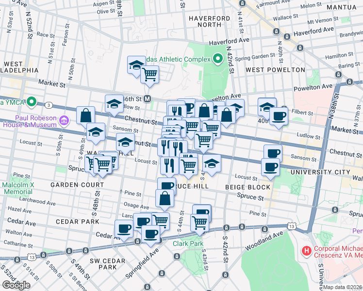 map of restaurants, bars, coffee shops, grocery stores, and more near in Philadelphia