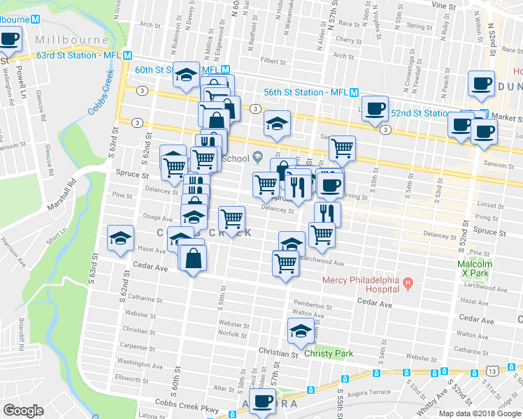 map of restaurants, bars, coffee shops, grocery stores, and more near 5810 Delancey Street in Philadelphia