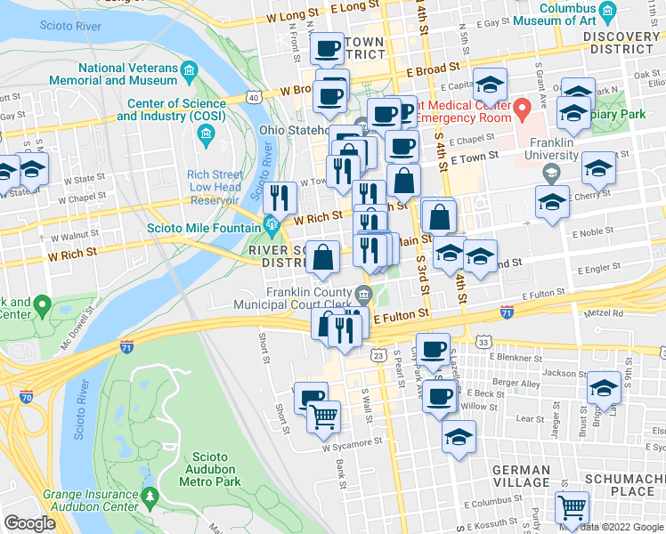 map of restaurants, bars, coffee shops, grocery stores, and more near 314 South Front Street in Columbus