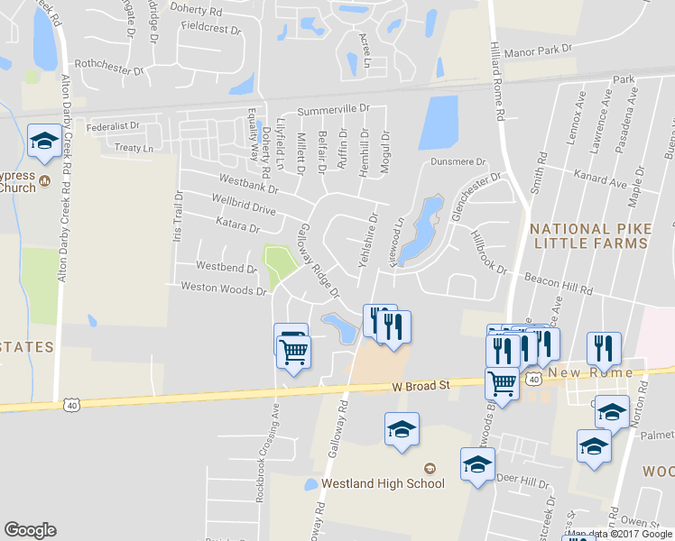 map of restaurants, bars, coffee shops, grocery stores, and more near 213 Rainswept Drive in Galloway