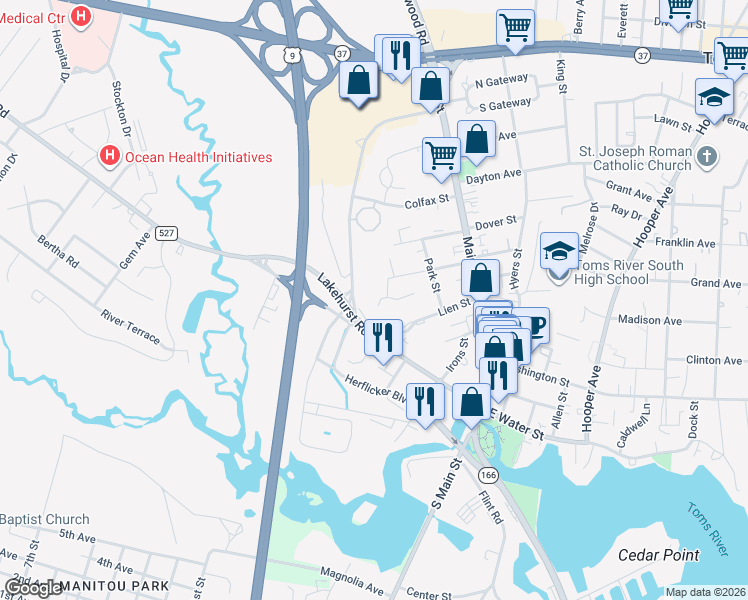 map of restaurants, bars, coffee shops, grocery stores, and more near 138 Hamlet Court in Toms River