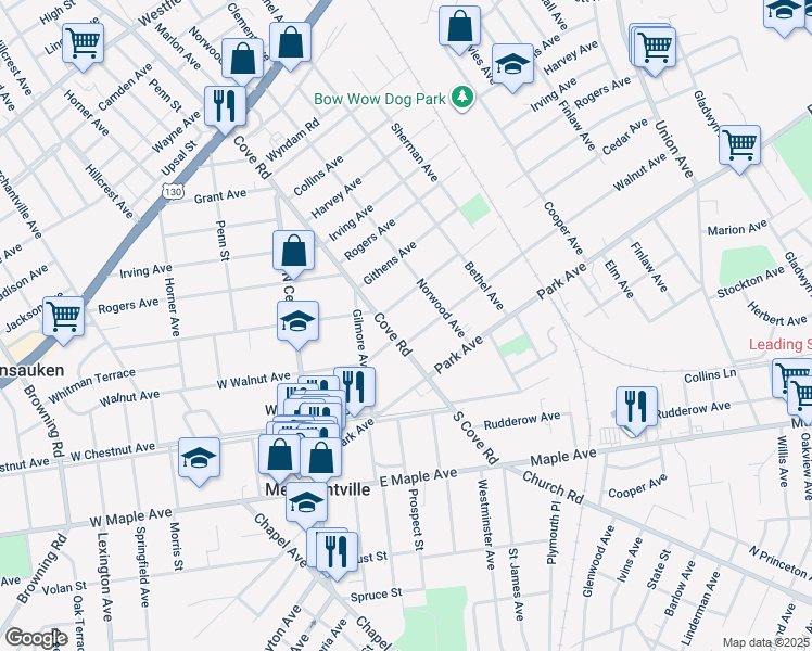 map of restaurants, bars, coffee shops, grocery stores, and more near 6525 Walnut Avenue in Pennsauken Township