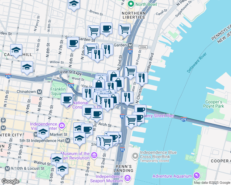 map of restaurants, bars, coffee shops, grocery stores, and more near 154 Vine Street in Philadelphia