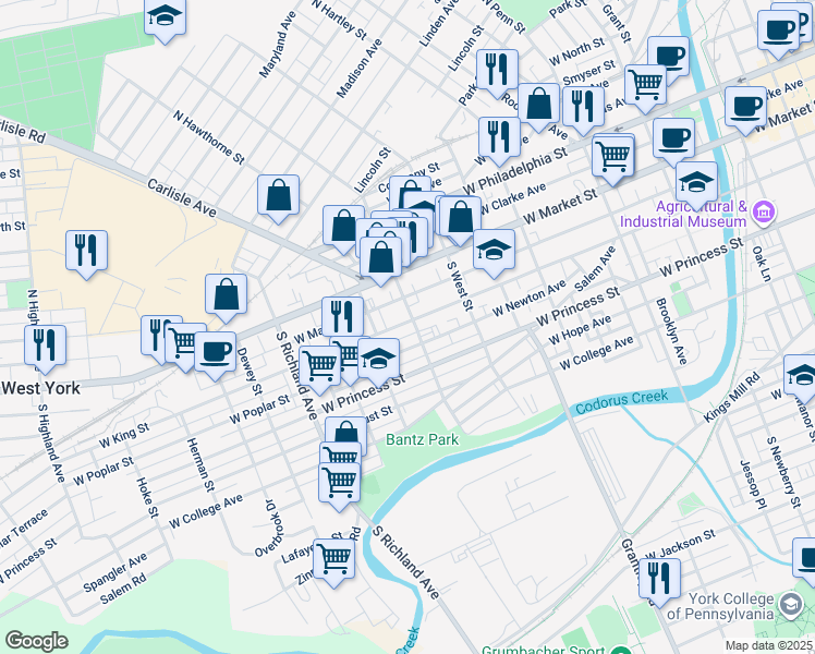 map of restaurants, bars, coffee shops, grocery stores, and more near 702 West King Street in York