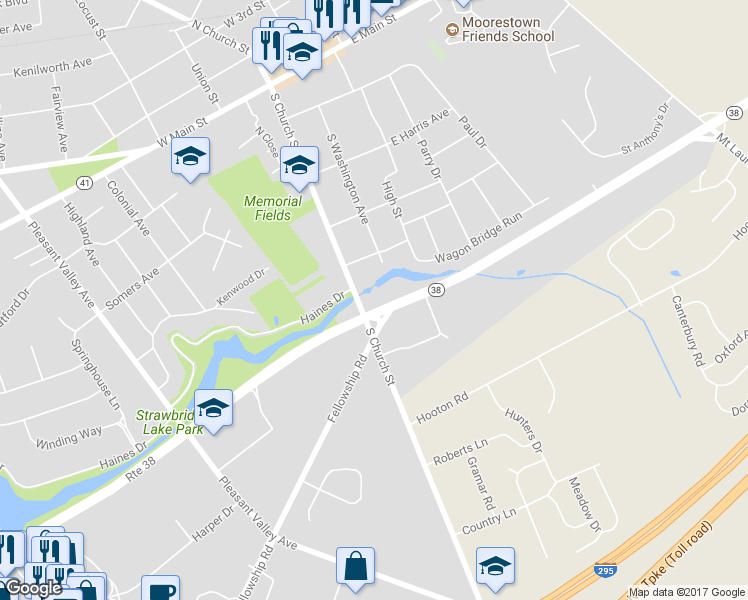 map of restaurants, bars, coffee shops, grocery stores, and more near 437 South Church Street in Moorestown