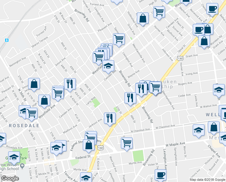 map of restaurants, bars, coffee shops, grocery stores, and more near 2315 48th Street in Pennsauken Township