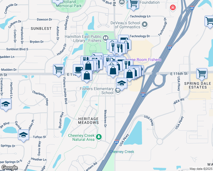 map of restaurants, bars, coffee shops, grocery stores, and more near 8767 South Street in Fishers