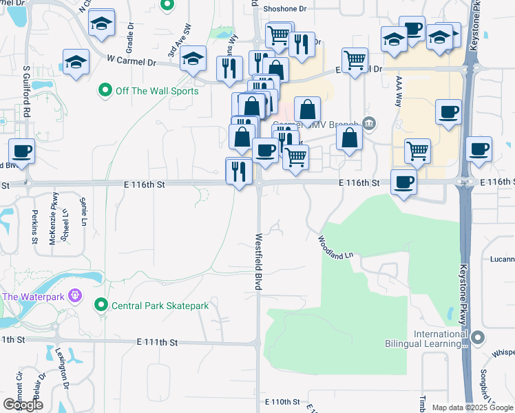 map of restaurants, bars, coffee shops, grocery stores, and more near 11530 Westfield Blvd in Carmel