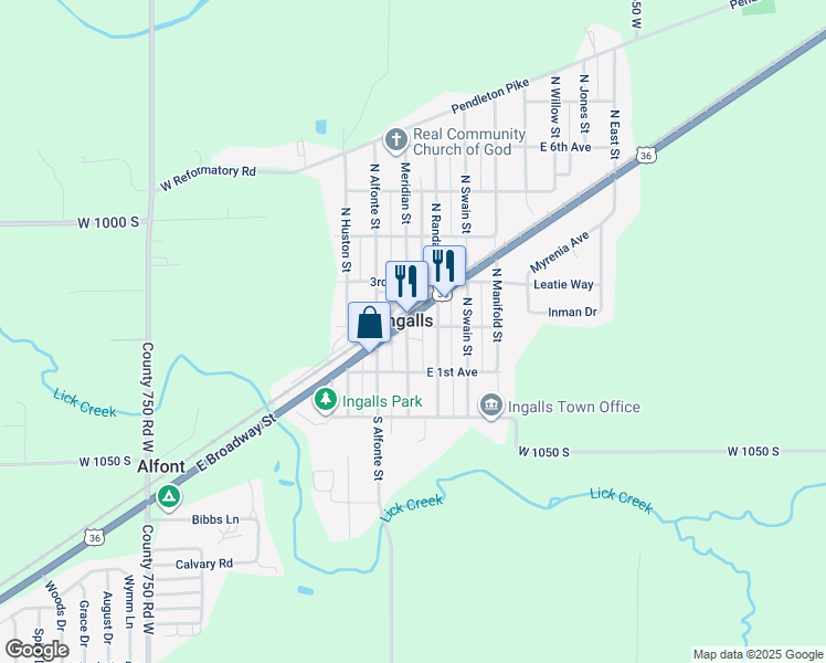 map of restaurants, bars, coffee shops, grocery stores, and more near 135 Meridian Street in Ingalls
