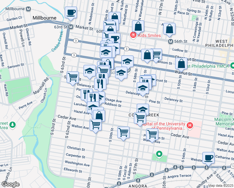 map of restaurants, bars, coffee shops, grocery stores, and more near 5901 Pine Street in Philadelphia