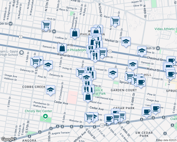 map of restaurants, bars, coffee shops, grocery stores, and more near 5219 Irving Street in Philadelphia
