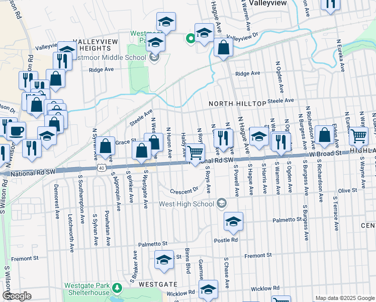 map of restaurants, bars, coffee shops, grocery stores, and more near 34 Haldy Avenue in Columbus