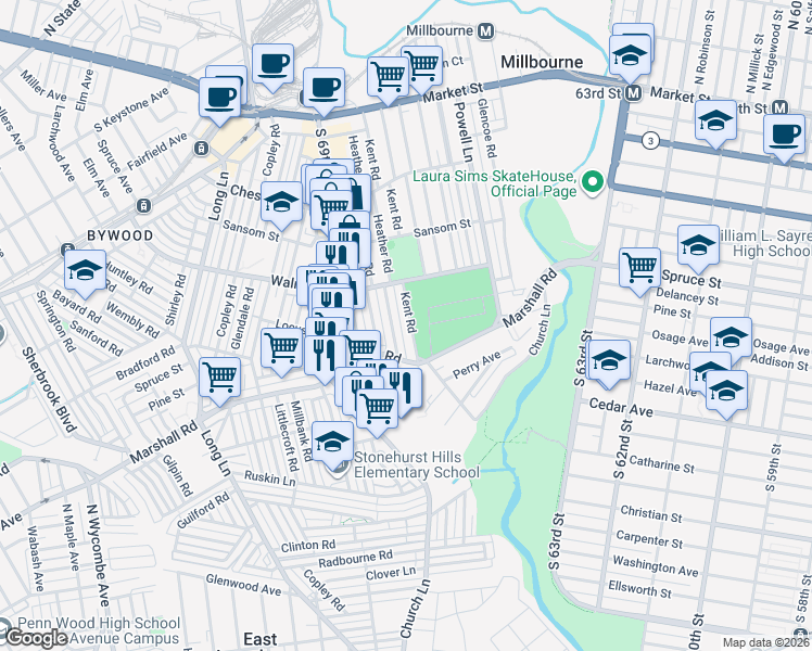map of restaurants, bars, coffee shops, grocery stores, and more near 256 Kent Road in Delaware County