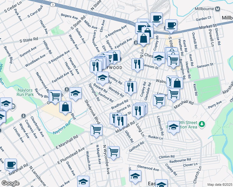 map of restaurants, bars, coffee shops, grocery stores, and more near 516 Littlecroft Road in Upper Darby