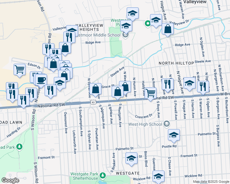 map of restaurants, bars, coffee shops, grocery stores, and more near 41 North Westgate Avenue in Columbus