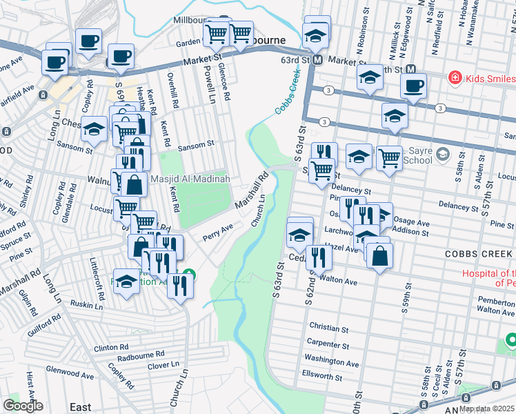 map of restaurants, bars, coffee shops, grocery stores, and more near 6605 Short Lane in Delaware County