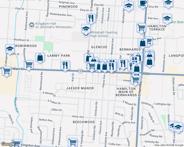 map of restaurants, bars, coffee shops, grocery stores, and more near 927 Elaine Road in Columbus