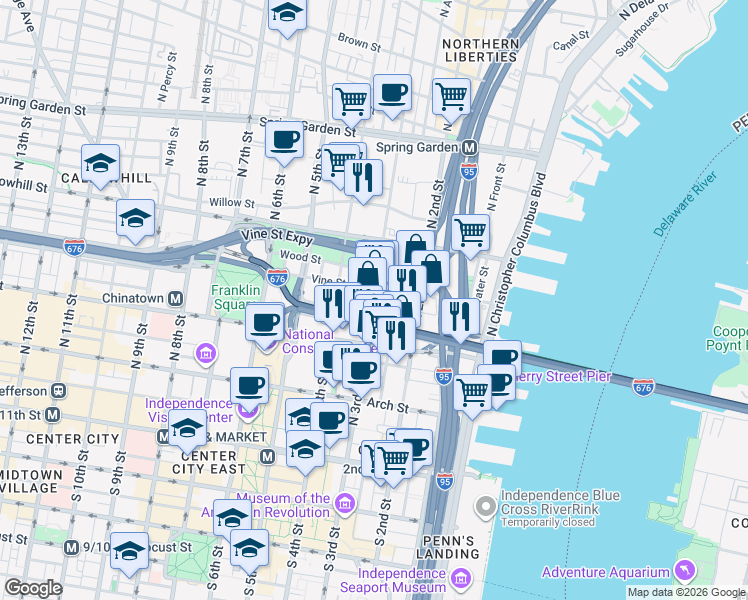 map of restaurants, bars, coffee shops, grocery stores, and more near 255 North Bodine Street in Philadelphia