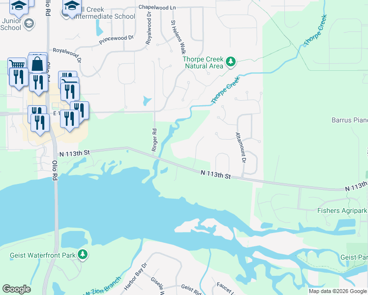 map of restaurants, bars, coffee shops, grocery stores, and more near 11335 Geist Bay Court in Fortville