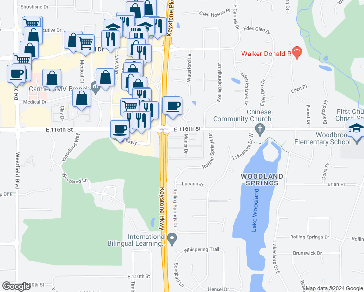 map of restaurants, bars, coffee shops, grocery stores, and more near 3028 Westfall Parkway in Carmel