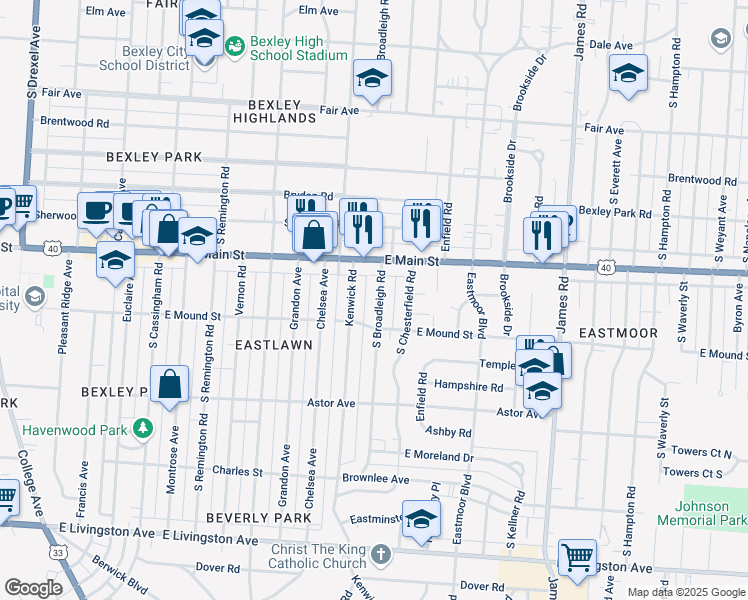 map of restaurants, bars, coffee shops, grocery stores, and more near 733 South Broadleigh Road in Columbus
